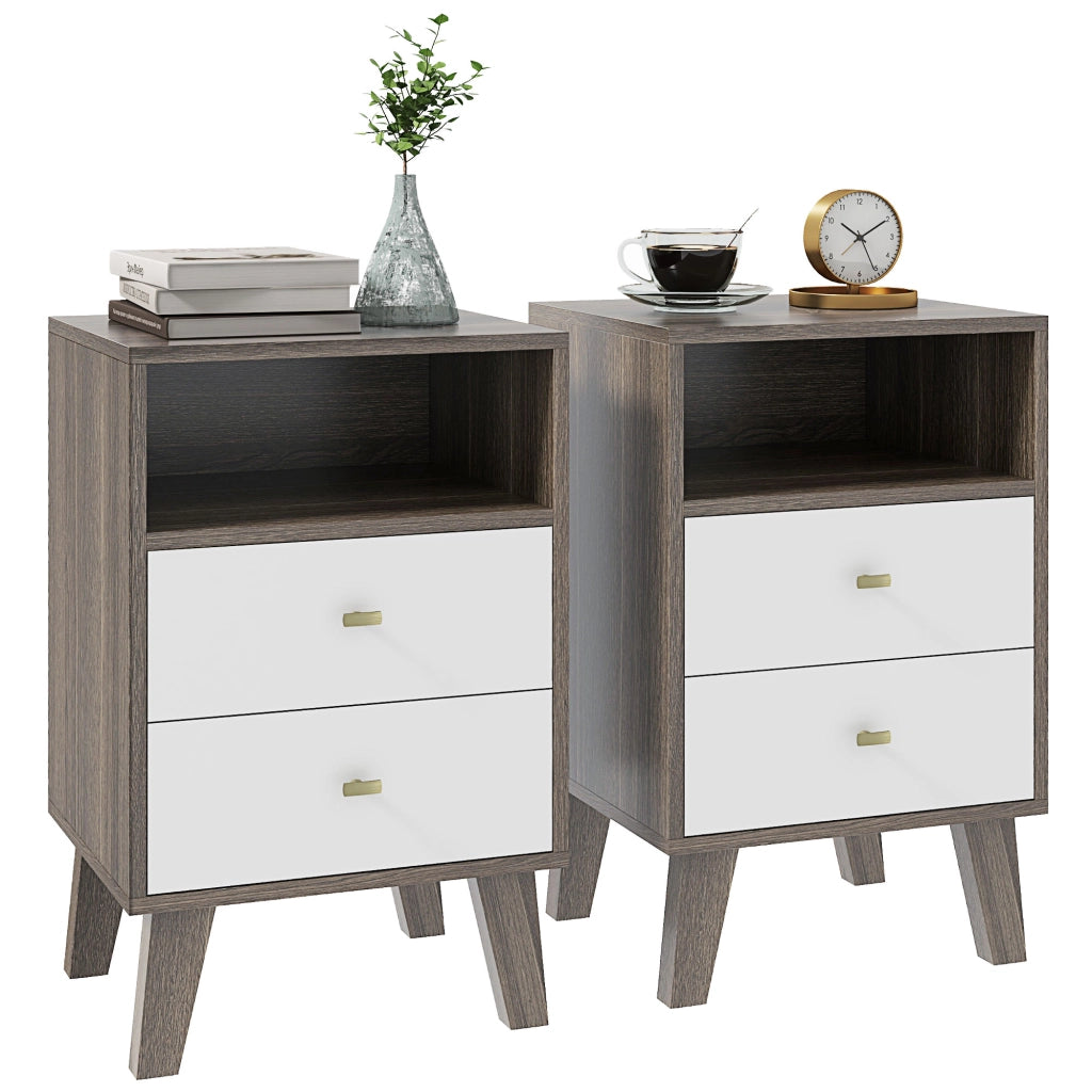 Comodino Moderno con 2 Cassetti e Vano Aperto ¨C zephmum ¨C Grigio e Bianco 40x34x64cm