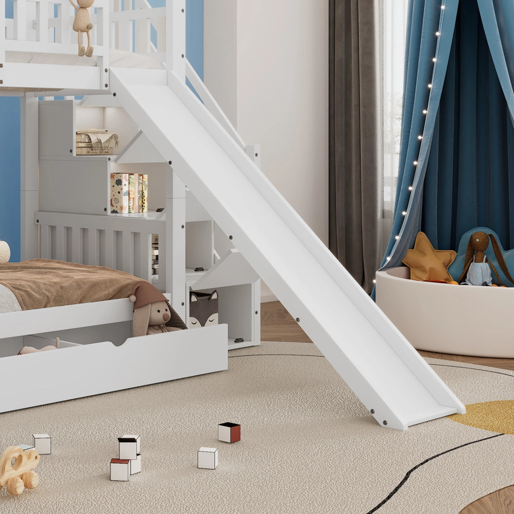 Letto a Castello 90x200 cm con Scala; Scivolo; Contenitori e Cassetti in Bianco