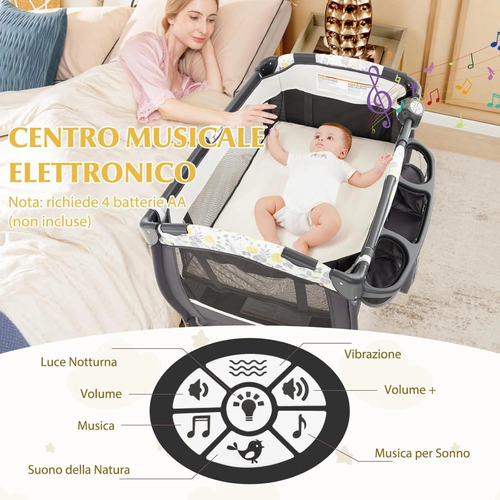 4 in 1 Lettino da Campeggio con Fasciatoio, Lettino Pieghevole per Bambini con Materasso, Centro Neonati con Culla, Box Musicale, Cappottina Regolabile, Borsa da Viaggio (Foglie)