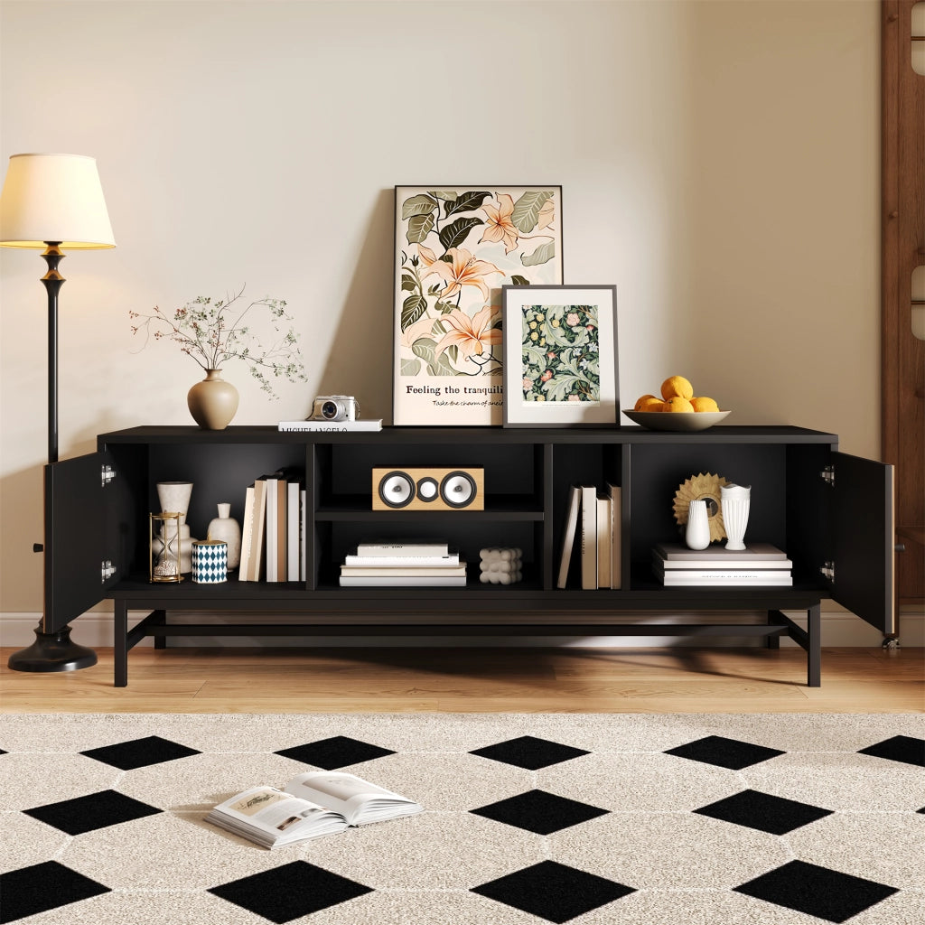 OKWISH Mobile TV con 2 Ante e 3 Vani, Gambe in Metallo, Stile Moderno, per Soggiorno, 150 x 38 x 55 cm, Nero