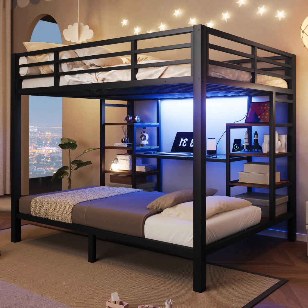 Letto a castello in metallo e MDF nero con prese USB; Type-C e luci LED; 90 x 200 cm e 140 x 200 cm