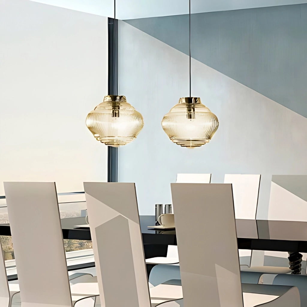 Bonnie Lampada a sospensione in vetro soffiato Ametista con lavorazione rigadin e struttura in metallo grigio, diametro 27.5 cm, design artigianale