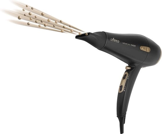 Fono professionale 2400W con tecnologia ioni, 2 velocità, 3 temperature, boost di aria fredda, concentratore e diffusore