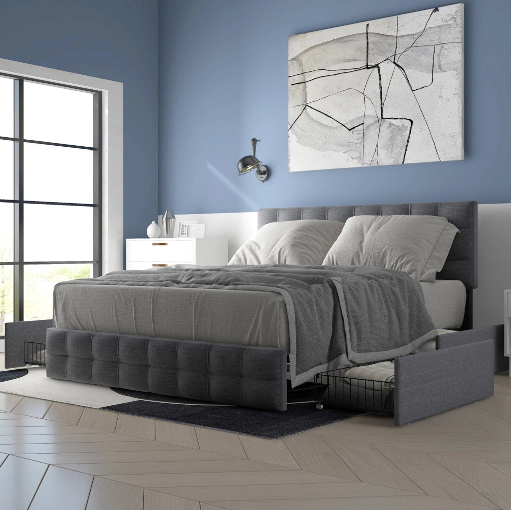 Letto matrimoniale imbottito 140x200 cm con 4 cassetti e materasso incluso