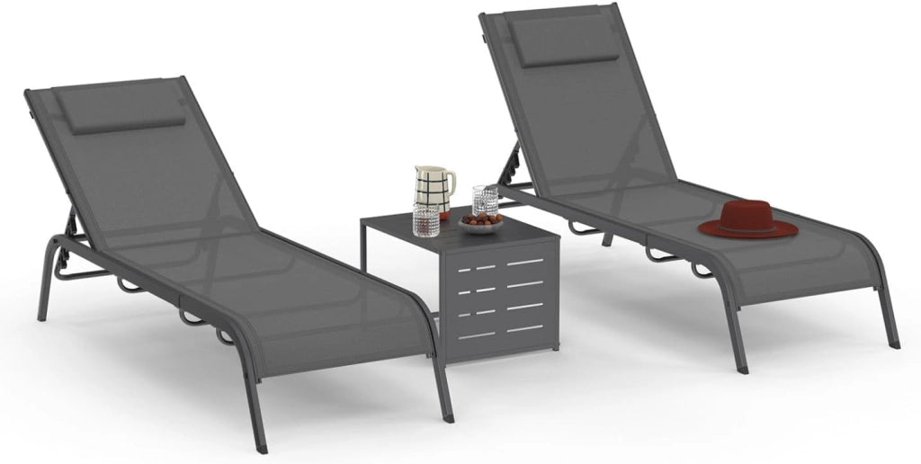 Set di 2 lettini da Giardino reclinabili Bora con tavolino Regolabile in Acciaio Grigio Antracite e Tessuto Grigio