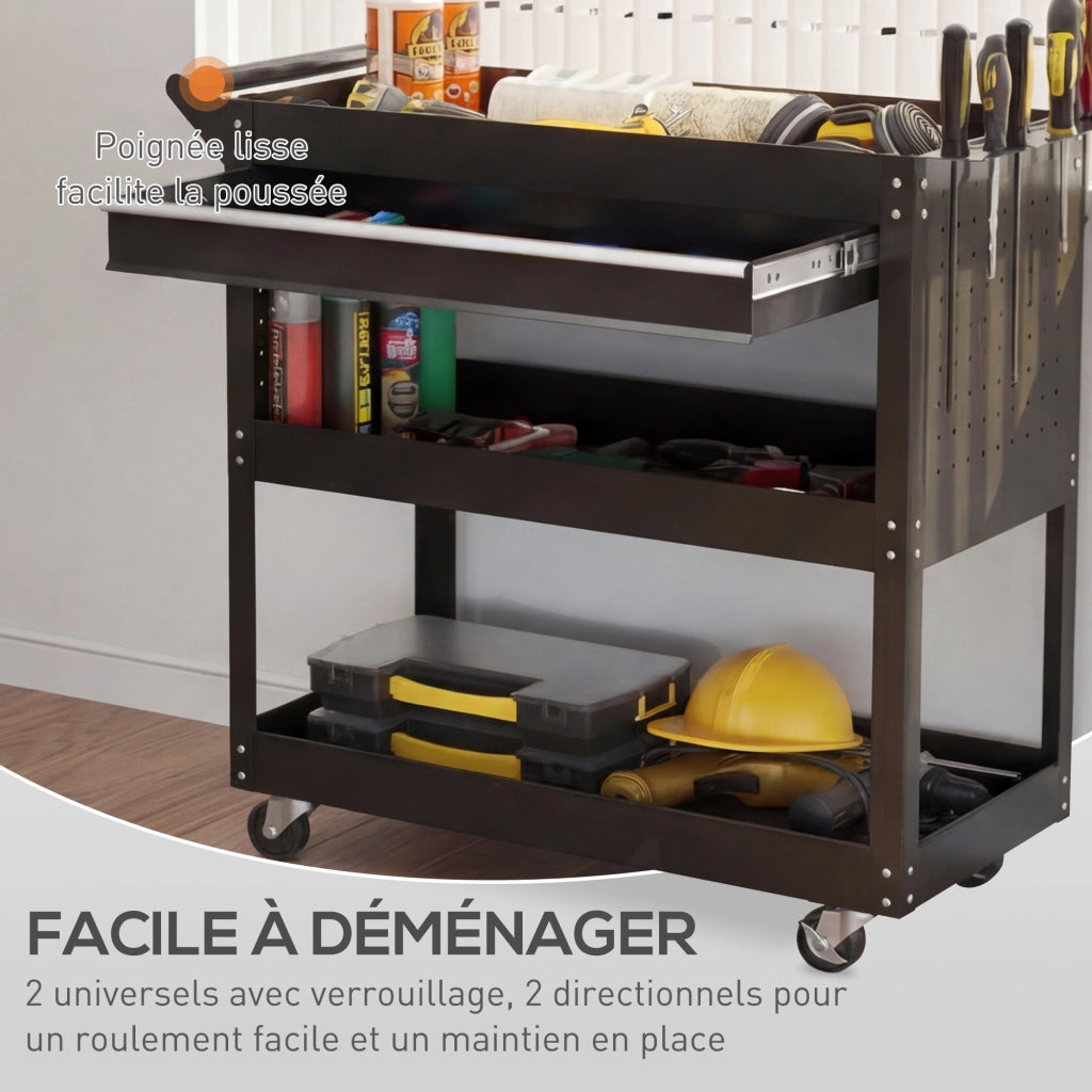 Carrello da lavoro a 3 livelli con cassetto e porta attrezzi ¨C zephmum ¨C nero 82x35x76 cm