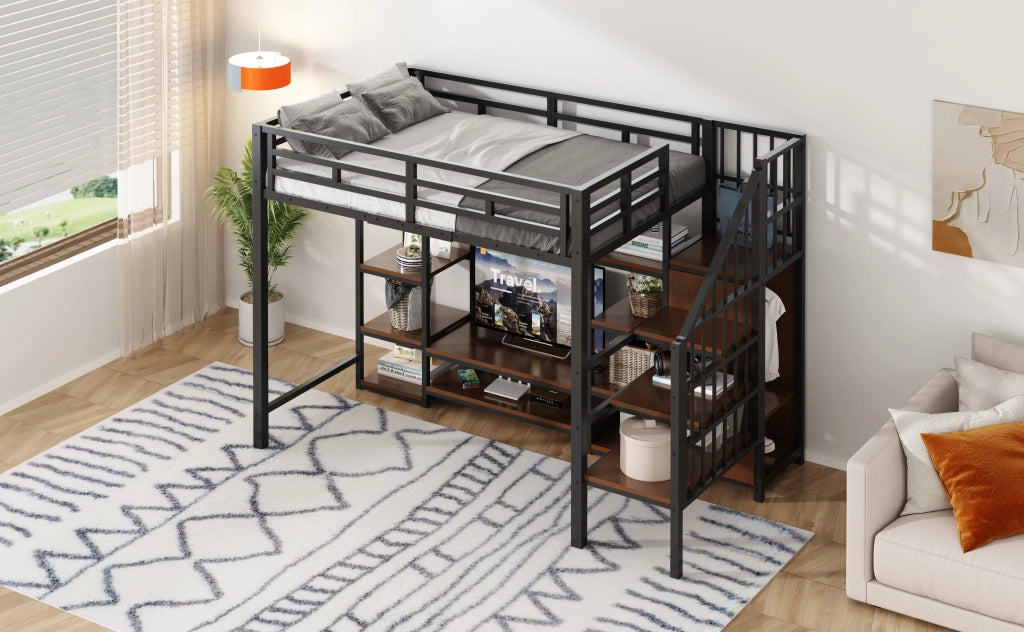 DESMIU Letto a Soppalco Singolo con Supporto TV, Presa e Scala Contenitore 90 × 200 cm, Senza Materasso, Nero