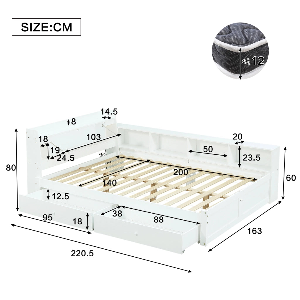 OKWISH Letto con Cassetti 140×200 cm, Letto Matrimoniale con Testiera Contenitore, USB, 2 Luci e Armadietti Laterali, senza Materasso, Bianco