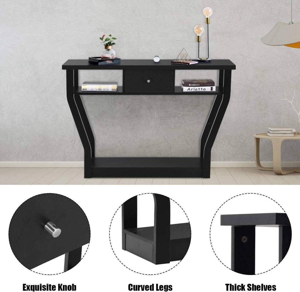 Tavolo Consolle, a 3 Ripiani, Stretto e Compatto, Cassetto con Manico, Console per Soggiorno, Salotto, Ingresso, Portata di 60 kg, 120x30x81cm, 3 Colori (Nero)
