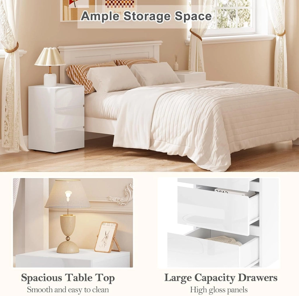 Set di 2 Comodino per Camera da Letto, Mobiletto Bianco con 3 Cassetti, Cassettiera Piccola Salvaspazio in Legno, con Guide Metalliche, Design Moderno, 40x35x62cm