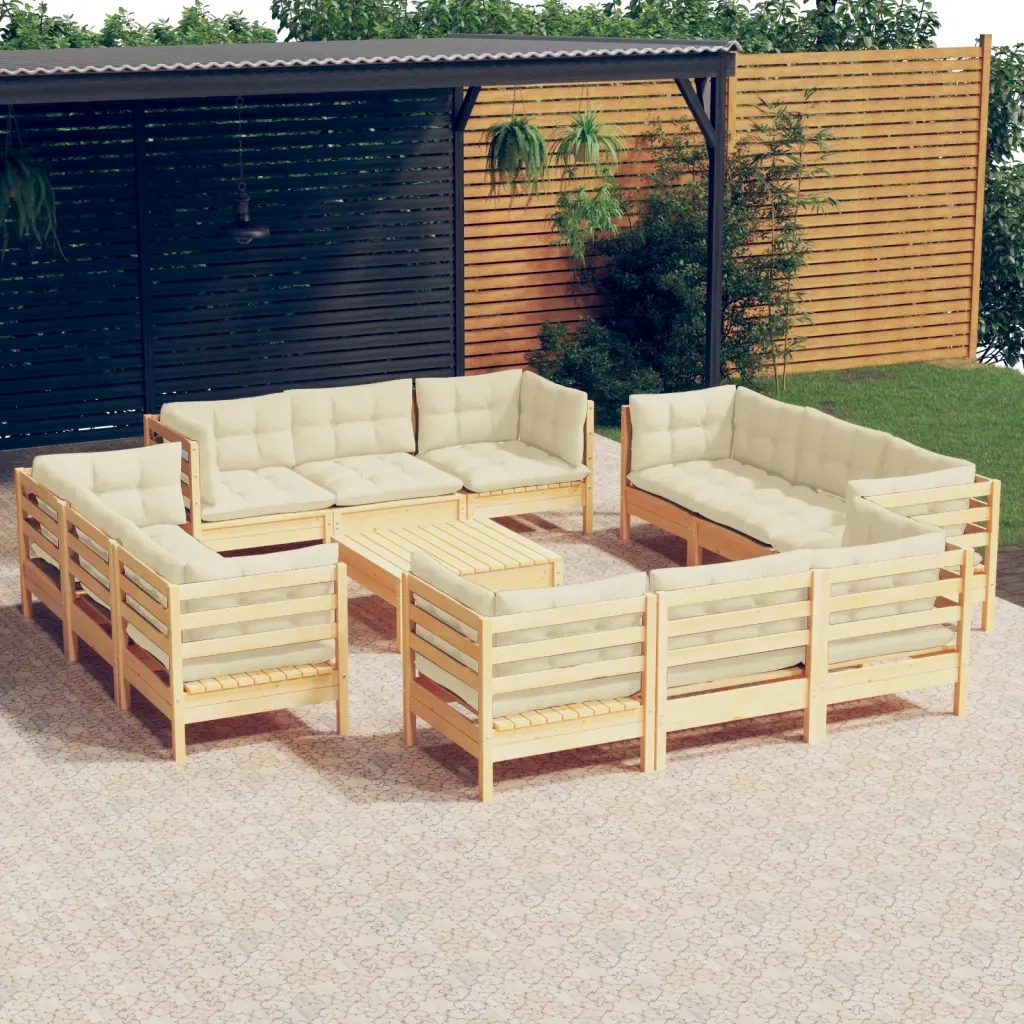 Set Salotto da Giardino 13pz con Cuscini Crema in Legno di Pino 3096070