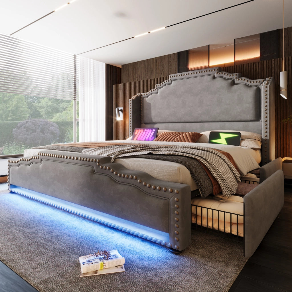 Letto matrimoniale in velluto grigio 180x200 4 cassetti LED USB-C doghe