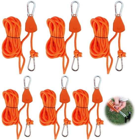 WDKXCN 6 pezzi 4MM raccordo a gancio, 5M raccordo riflettente, fili di tensione con raccordo a filo, orecchioni per raccordi, filo di tensione resistente al vento per l'adeguamento del raccordo per tende da sole, tende da campeggio