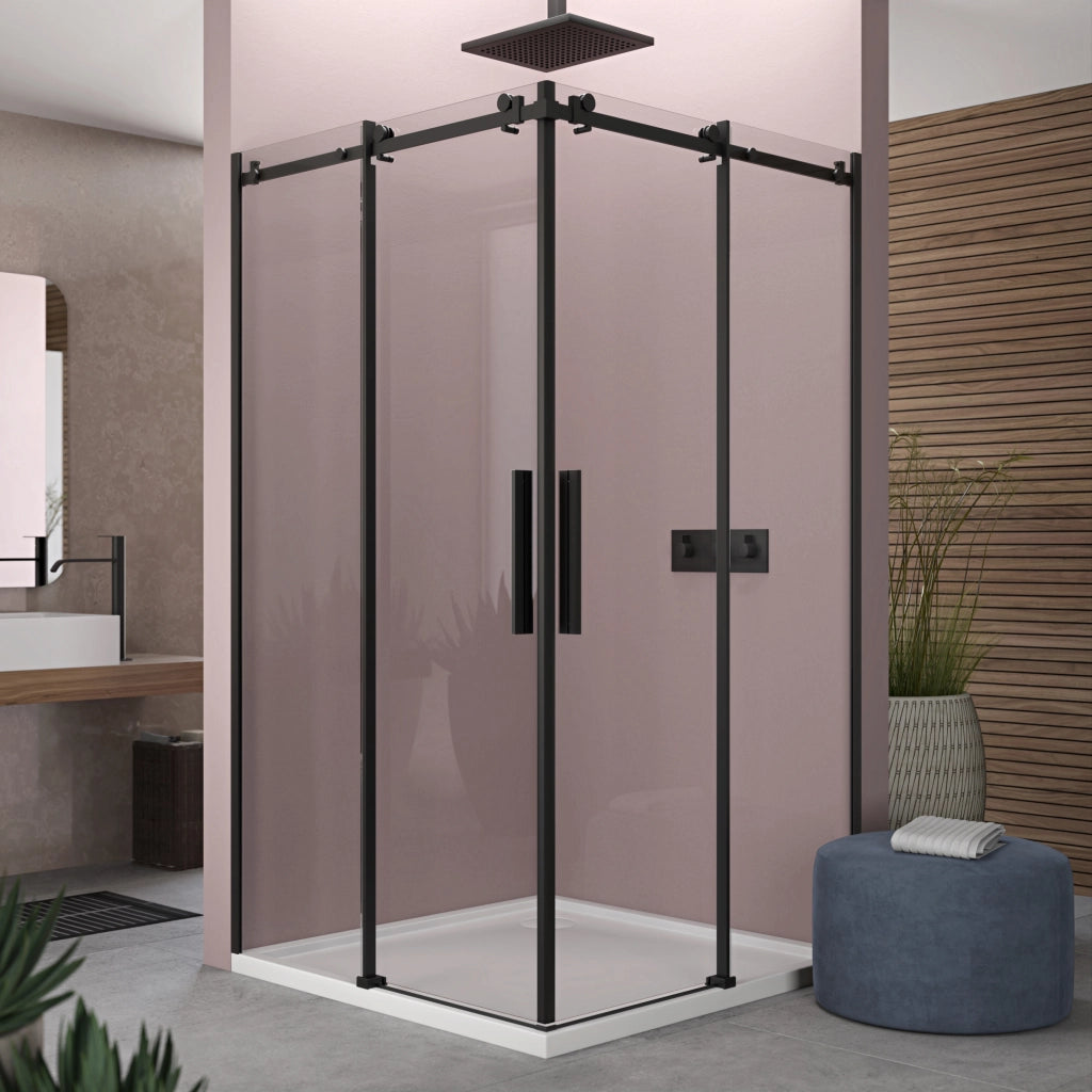 Box doccia angolare 75x75 cm scorrevole in cristallo temperato 8mm H200 cm profilo NERO OPACO LAPO