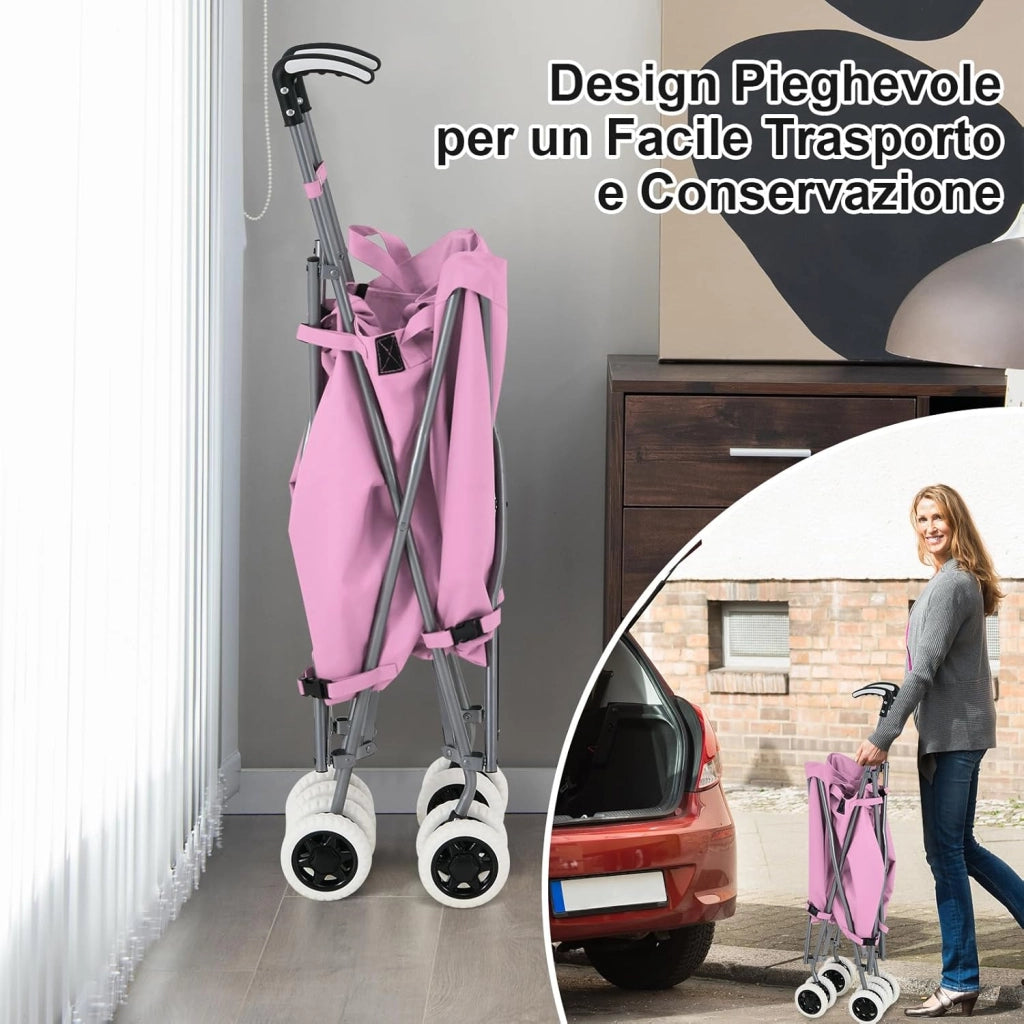 Carrello Spesa Pieghevole con Ruote, Carrello Portaspesa con Fodera in Tessuto Oxford Rimovibile e Impermeabile, 90L, Capacità di peso 55 kg (Rosa)
