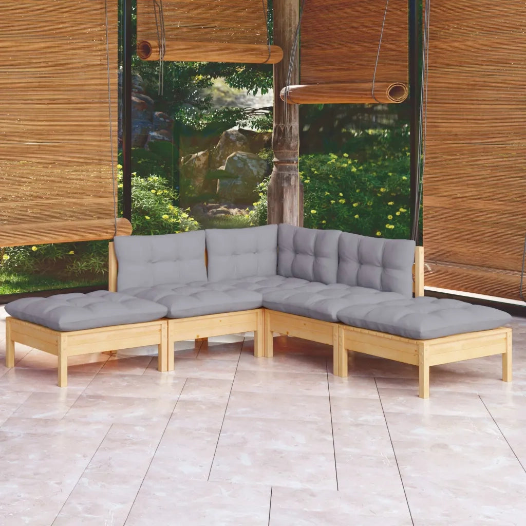 Set Divani da Giardino 5 pz con Cuscini Grigi Massello di Pino cod mxl 71832