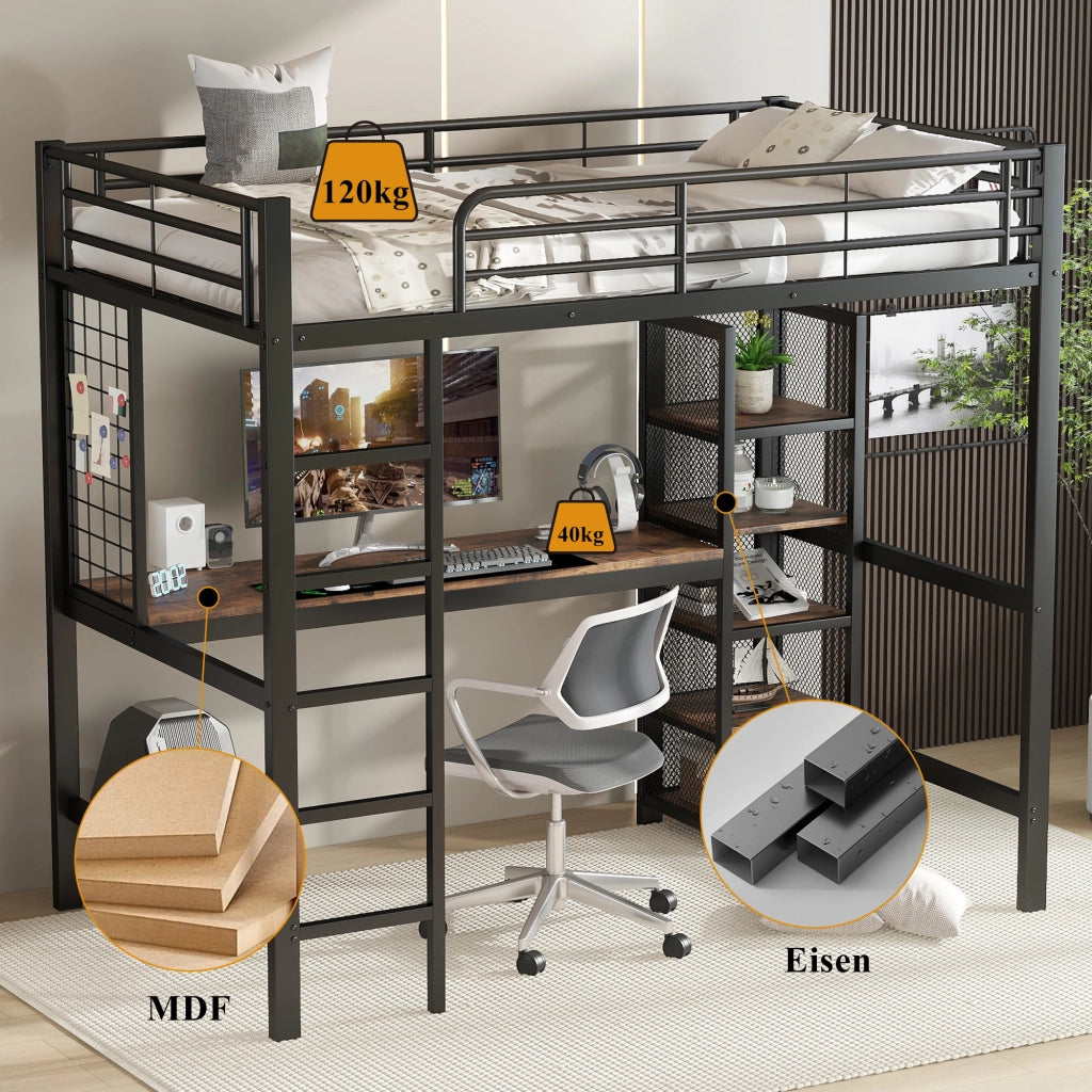 Letto a castello nero e noce scuro con scrivania e scaffali in metallo e MDF 90x200 cm