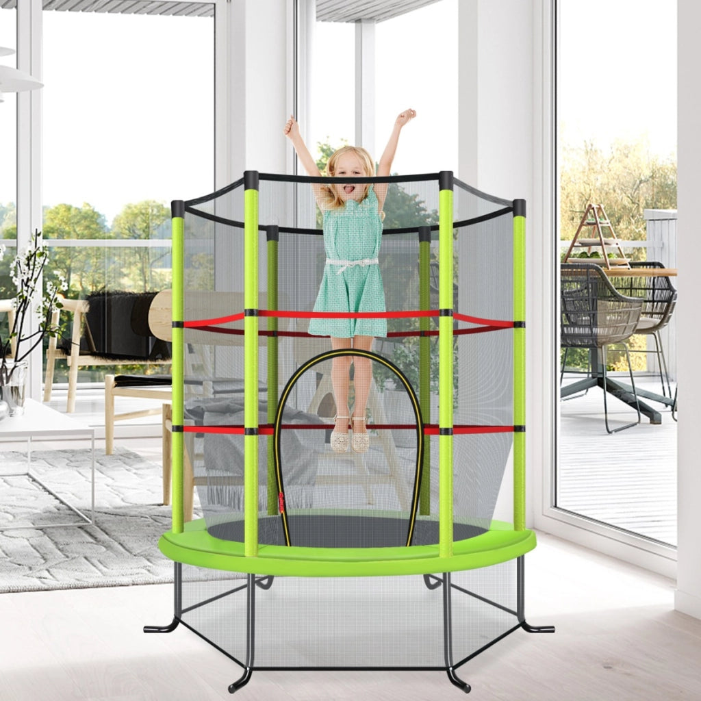 Tappeto elastico per bambini con rete di sicurezza, Tappeto elastico con struttura in acciaio resistente Verde-Trampolini