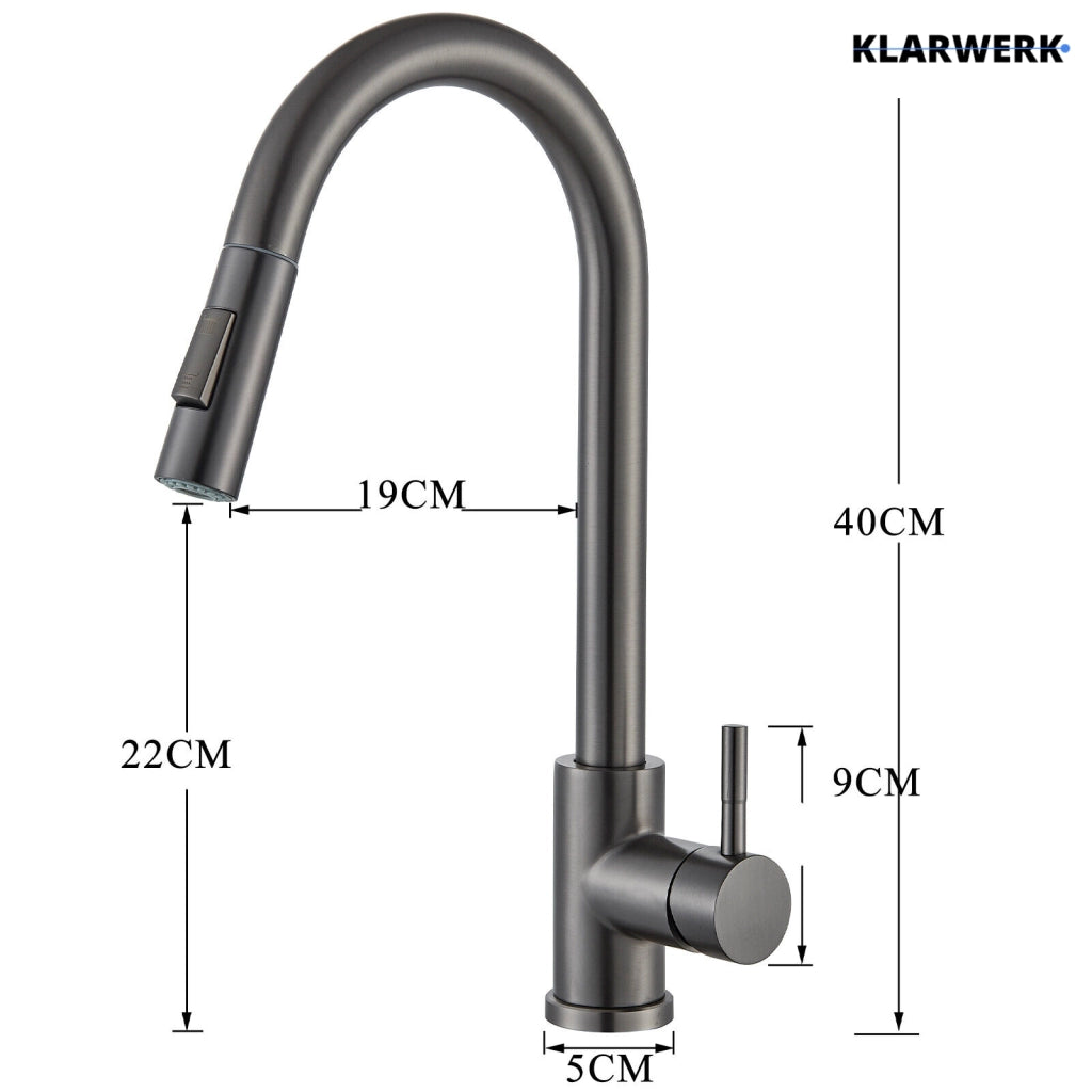 JANA | Rubinetto da cucina estensibile Premium in acciaio inox grigio titanio miscelatore arco alto | alta pressione ruotabile a 360° 2 attacchi