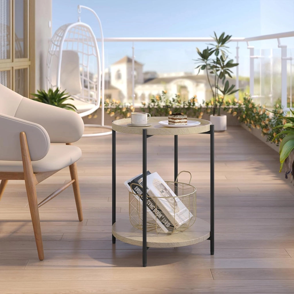 WOLTU Tavolino da Salotto Rotondo, Tavolino da caffè con 2 Ripiani, Piano d’Appoggio Rimovibile, Comodino per Camera da Letto, Tavolinoda Divano, in Metallo e MDF, Rovere Chiaro e Nero, BTS06hei