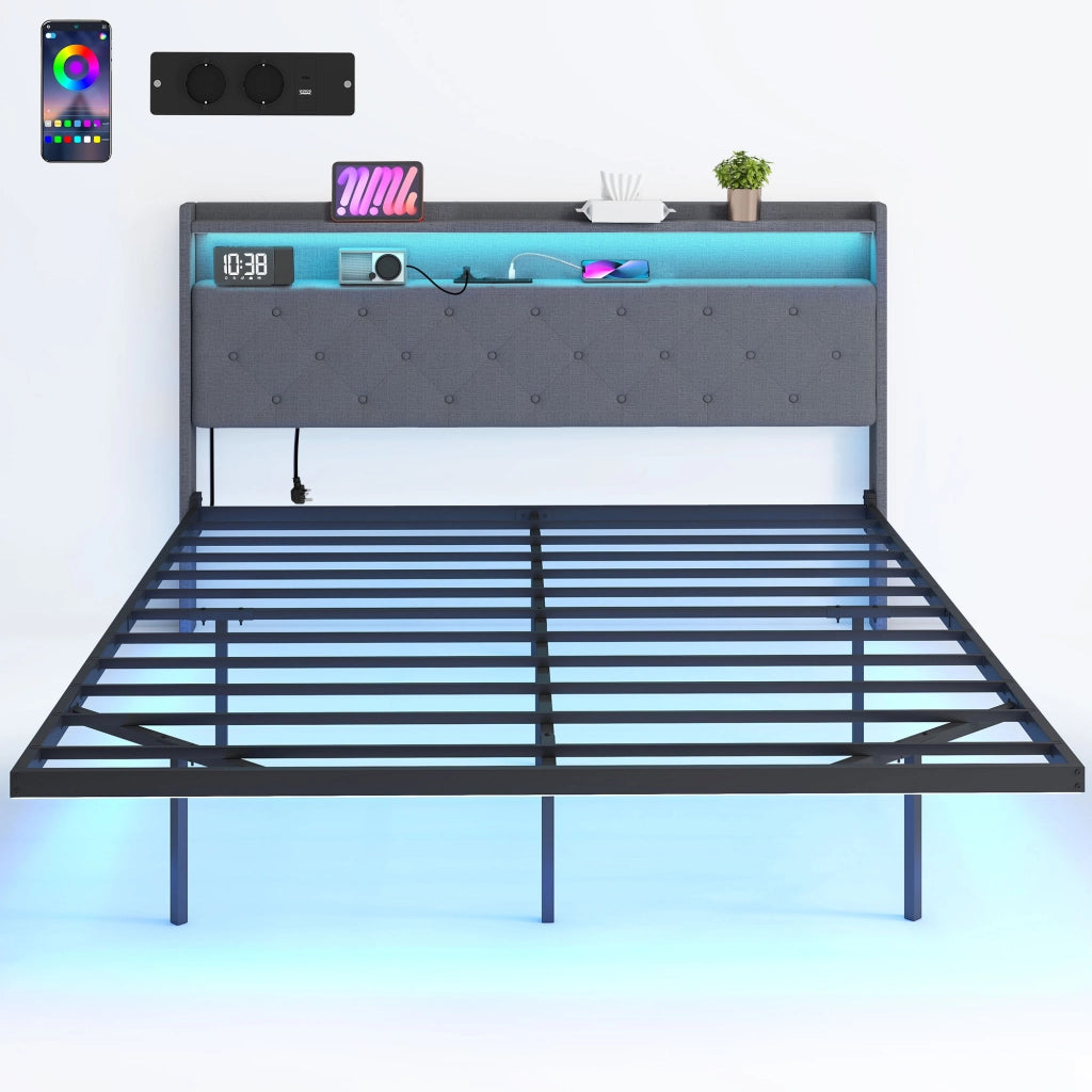 Letto Matrimoniale con Luci LED e Stazione di Carica ¨C zephmum ¨C Grigio 160x200 cm