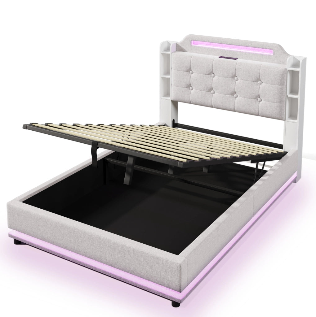 Letto imbottito 140x200 cm con contenitore; LED e ricarica USB Type-C in lino beige