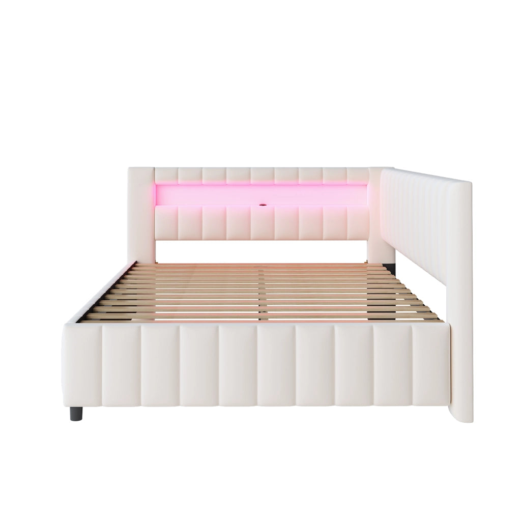 Letto divano 140 × 200 cm con LED, porta USB, schienale et testiera, senza materasso, in velluto, beige