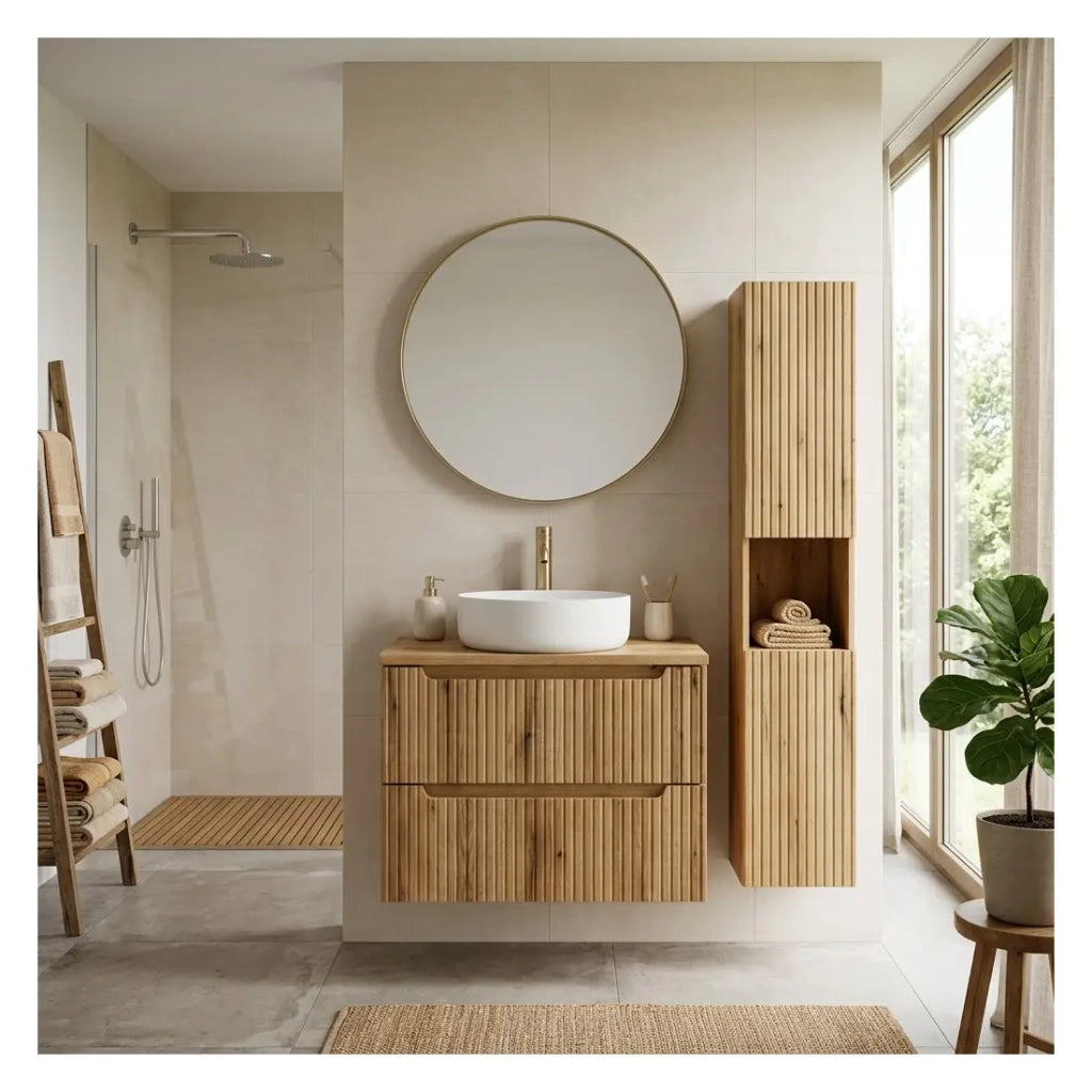 Set da bagno sospeso VANO in rovere chiaro 110cm: mobile sottolavabo con cassetti + piano per lavabo + colonna