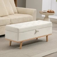 Panca Contenitore da 80L Imbottita con Rivestimento in Tessuto e Gambe in Legno, 118x42x45 cm, Crema