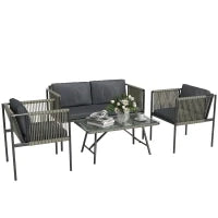 Set Salotto da Giardino in Rattan con 2 Poltrone, Divanetto 2 Posti e Tavolino da Caffè in Vetro, Grigio