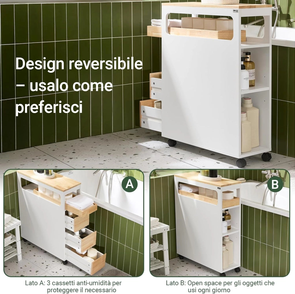 Mobile Bagno, Mobile Salvaspazio con 3 Cassetti, Ripiano in Legno e Rotelle – Mobiletti Stretti, Colonna Bagno da Terra, Struttura Resistente e Design Moderno BZR54-IV-WN