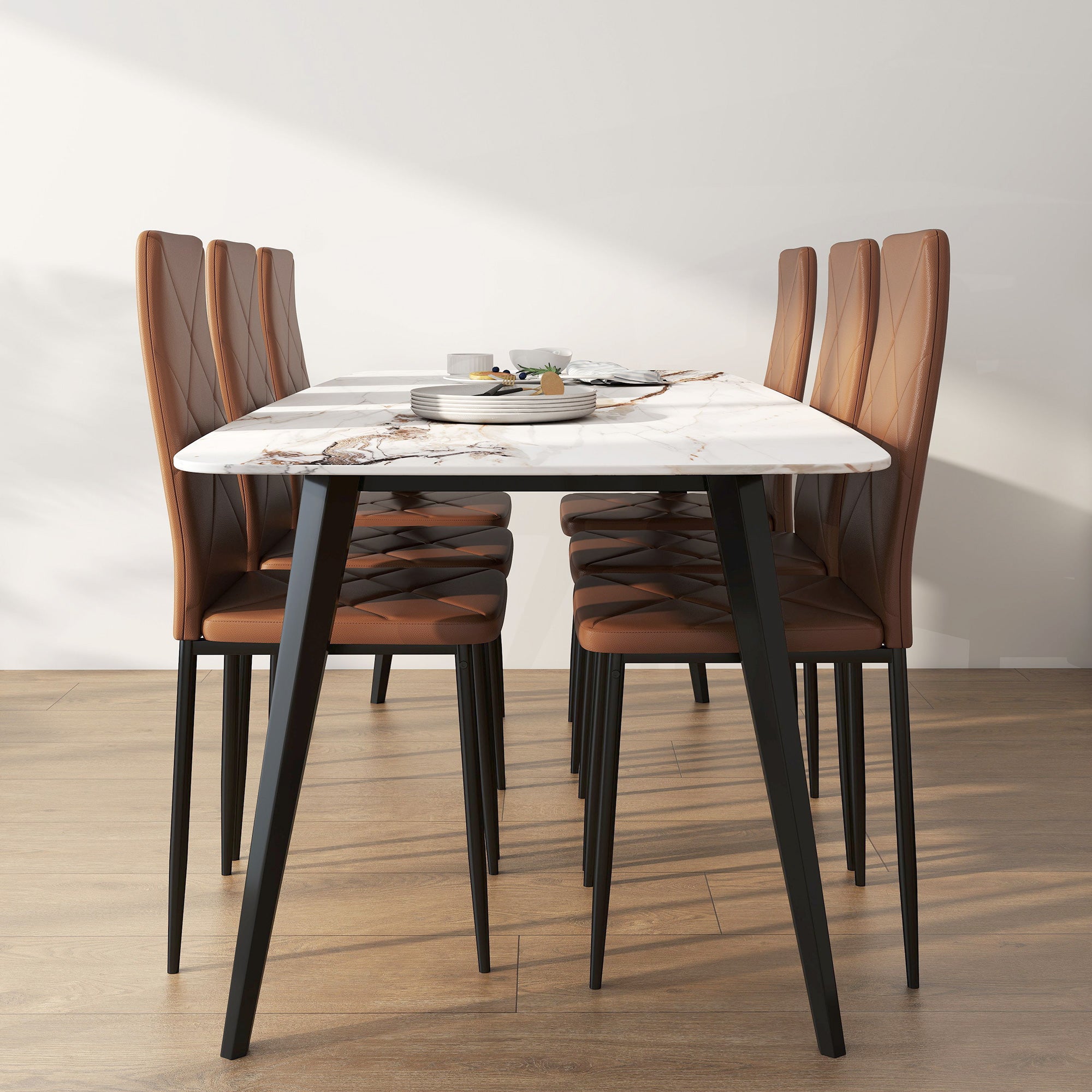 Set di 6 Sedie da Pranzo Moderne 41x50x97 cm con Schienale Alto in Finta Pelle e Acciaio Marrone