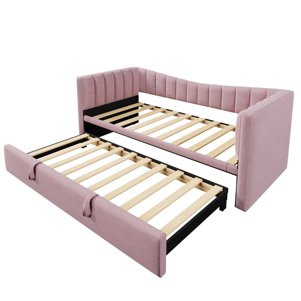 Letto estraibile singolo 90×200 cm e 90×190 cm in velluto con letto inferiore; senza materasso; rosa
