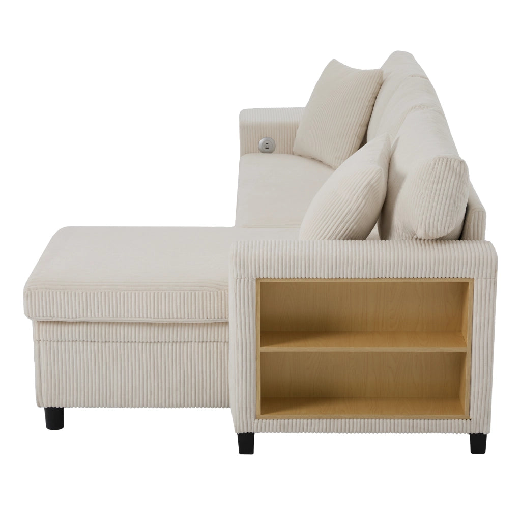 Divano Letto Angolare Convertibile 3-4 Posti con Vano Contenitore; USB e Type C; Bracciolo Largo e Mensola; in Velluto a Coste Beige