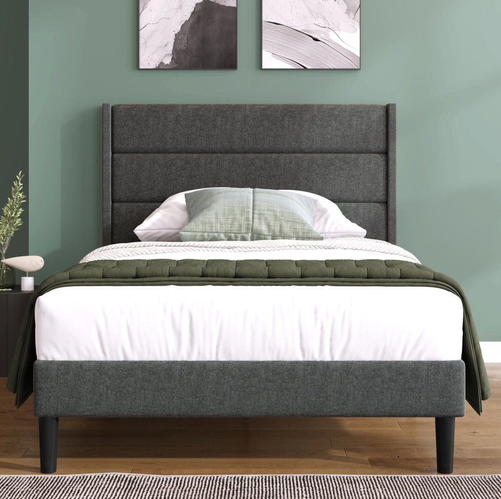 Letto imbottito 90x200 cm con materasso; rete a doghe e testiera in lino grigio