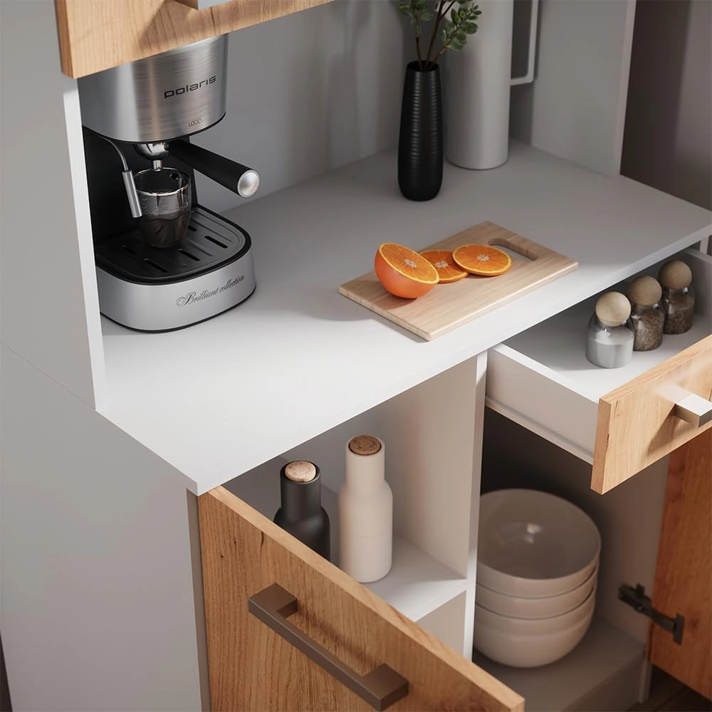 Buffet da cucina Raul, Rovere bianco/dorato, 83.6 x 188.5 cm con 4 porte e 1 cassetto, con ripiano aperto per dispositivi e combinabile con moduli aggiuntivi