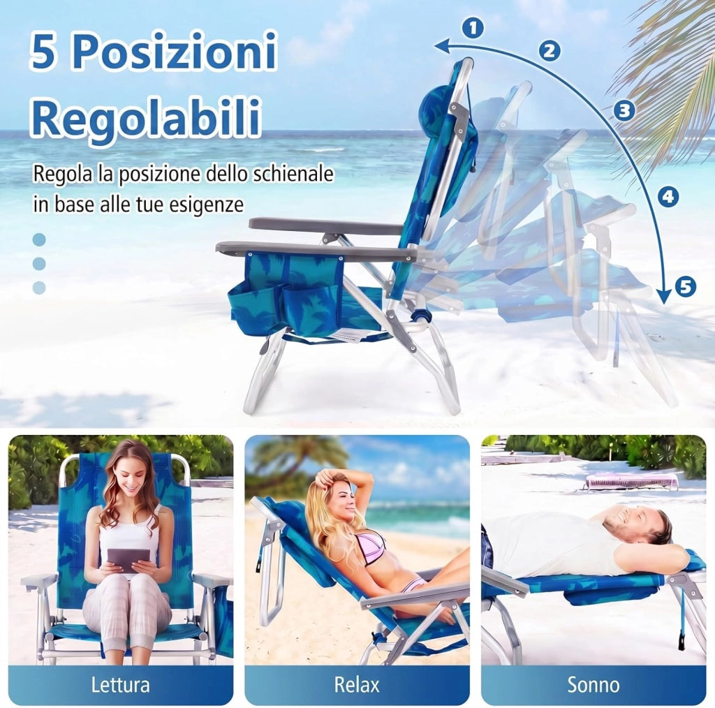 Set di 2 Sedie e Tavolino da Spiaggia Pieghevole, Schienale Regolabile a 5 Livelli, con Portatesta, Borsa Portaoggetti, Borsa Termica, per Campeggio Picnic Esterno (Albero, Modello 2)