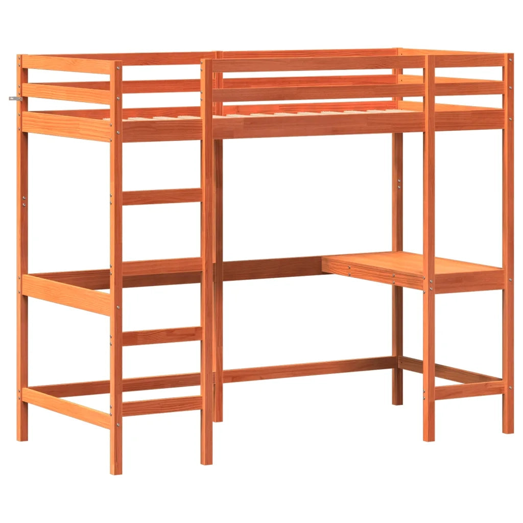 Letto singolo | Letto per adulti | Letto Soppalco con Scrivania Marrone Cera 90x200 cm Legno Pino