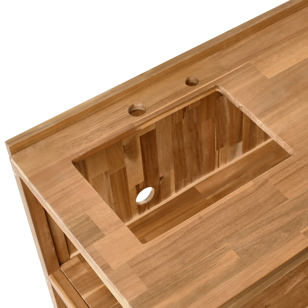Isola da cucina per esterni con lavello e rubinetto in legno di acacia marrone e nero a 2 ripiani in acciaio inox con piano 50 x 80 x 90 cm