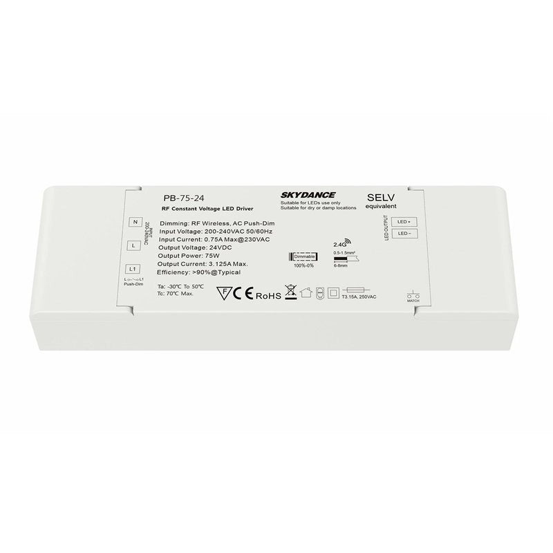 Alimentatore Dimmerabile CV 24V 75W Con Pulsante N.O. e Telecomando RF 2.4G Per Striscia Led 24V PB-75-24
