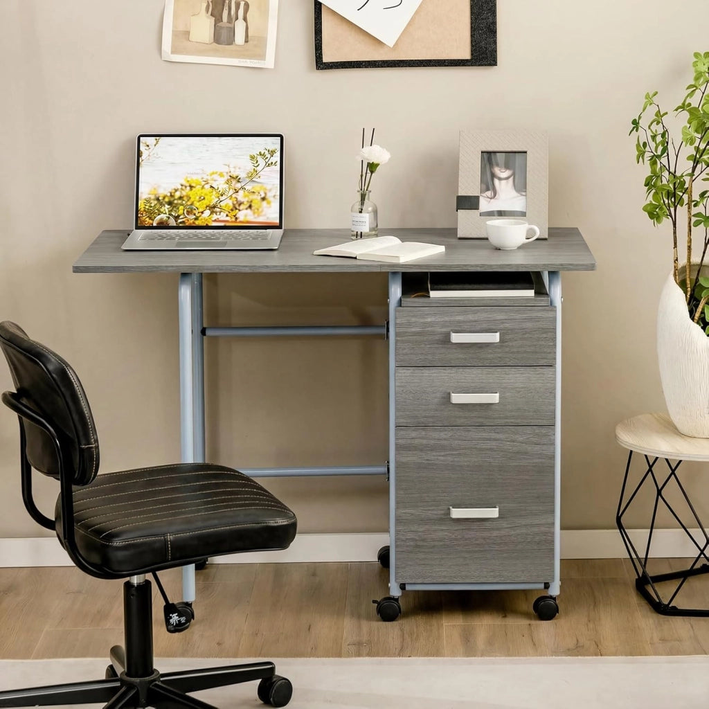 Scrivania Salvaspazio con 3 Cassetti e Ruote Bloccabili, Scrivania Porta PC Pieghevole con Struttura in Metallo per Studio e Ufficio, 105 x 50 x 75 cm, Portata 100 kg (Grigio)