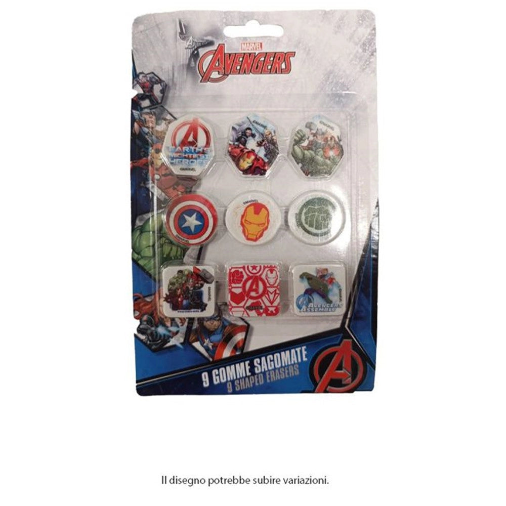 Trade Shop - Kit Gomme Per Cancellare 9pz Sagomate Tema Avengers Cancelleria Per Bambini Scuola 955302 -