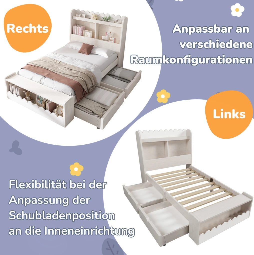 Letto singolo per bambini 90x200 cm con cassetti e ripiani