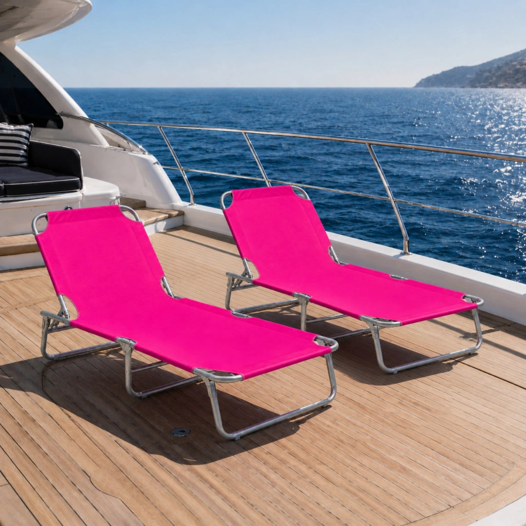 Coppia Di Lettini Sdraio Pieghevoli Prendisole Senza Tettuccio Schienale Regolabile Reclinabile Struttura In Metallo Per Piscina Mare Spiaggia Giardino 187 x 53 x 24 Cm Rosa
