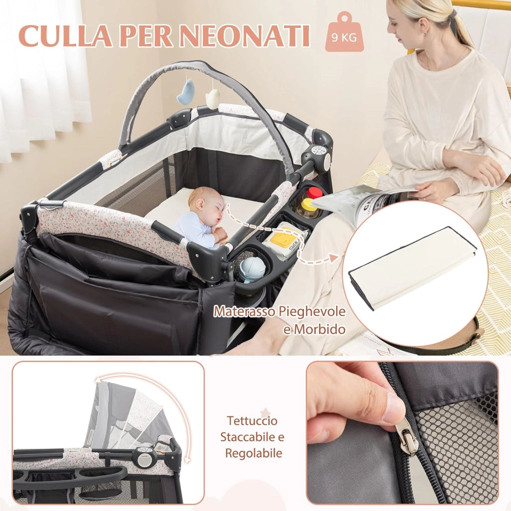4 in 1 Lettino da Campeggio con Fasciatoio, Lettino Pieghevole per Bambini con Materasso, Centro Neonati con Culla, Box Musicale, Cappottina Regolabile, Borsa da Viaggio (Fiore Piccolo)