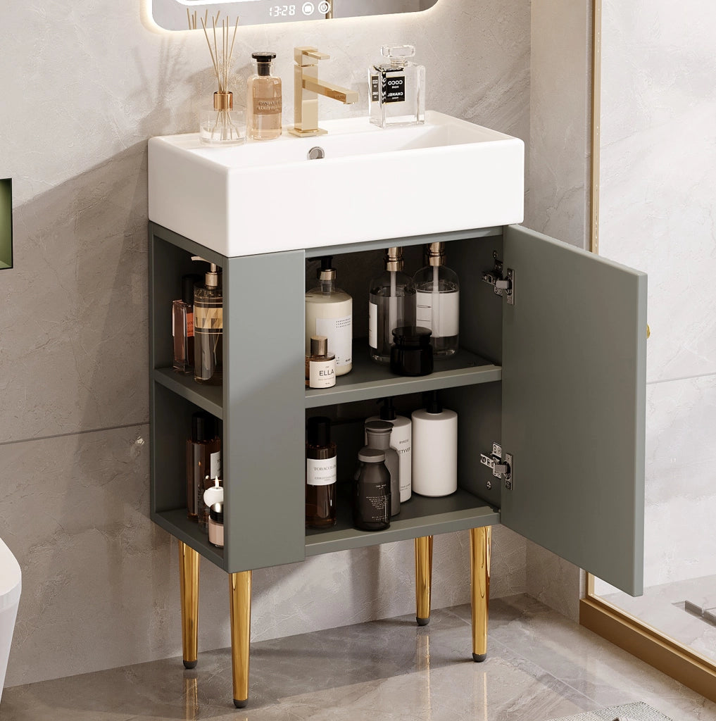Mobile bagno freestanding ULEVR con lavabo integrato, vano contenitore e ripiani laterali, grigio e bianco