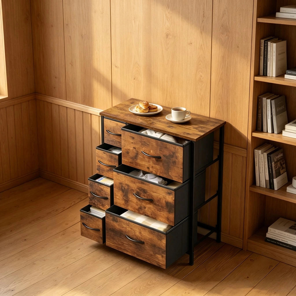 Mobile contenitore vintage con 7 cassetti in tessuto, in metallo e legno, per soggiorno e camera, 63,5 × 30 × 73 cm