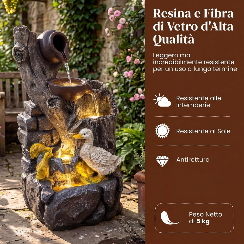 Fontana a Cascata da Esterno con Illuminazione LED e Pompa | Fontana da Giardino in Resina Effetto Pietra e Legno con Anatre per Cortile e Salotto 30 x 27 x 57 cm