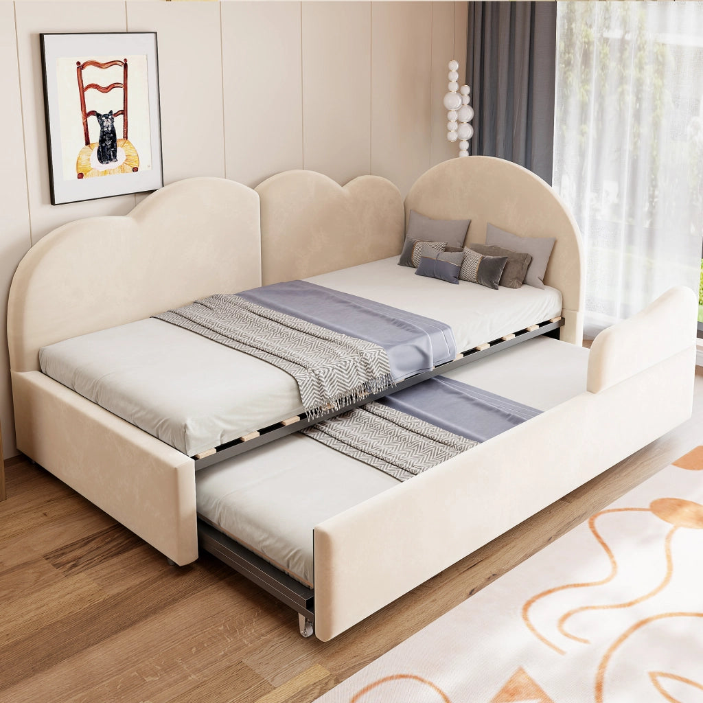 Divano letto imbottito 90x200 cm estensibile in velluto beige
