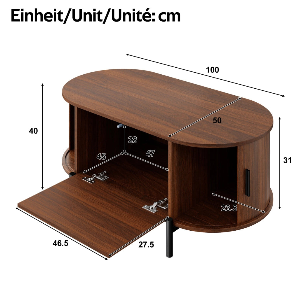 Tavolino ovale con spazio contenitivo e design effetto legno